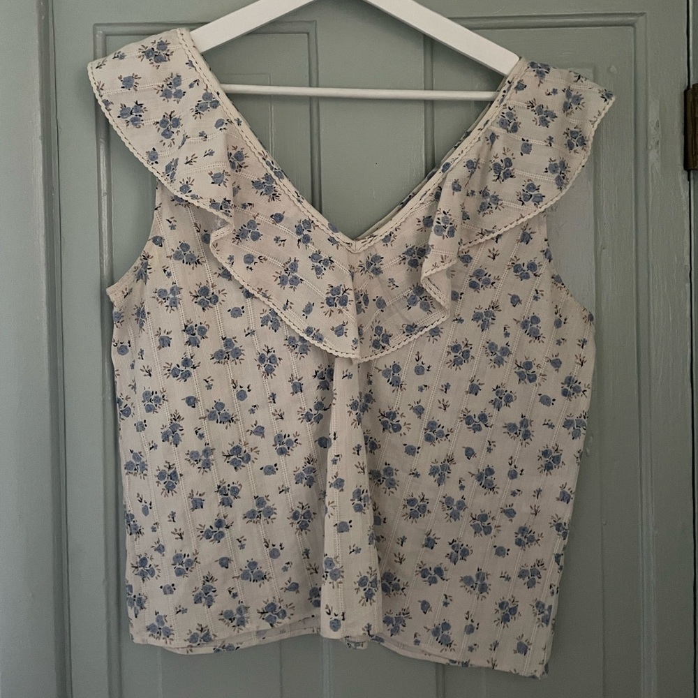 Sezane Gold Blouse Blue Floral Ruffle